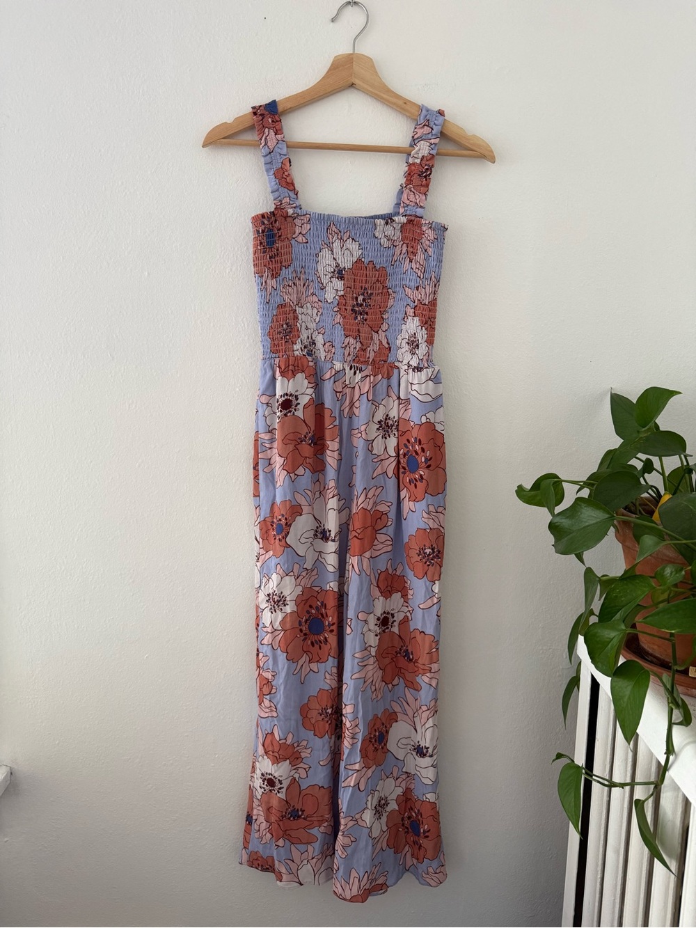 Wilfred Lavender Floral Chianti Smocked Jumpsuit with Rust and Cream Blooms